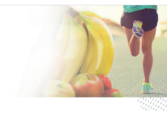 Mulher correndo com imagens de frutas