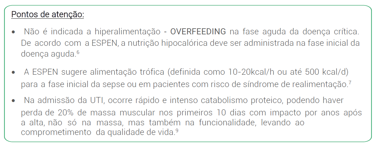 Na admissão da UTI, ocorre rápido e intenso catabolismo proteico, podendo haver perda de 20% de massa muscular nos primeiros 10 dias com impacto por anos após a alta, não só na massa, mas também na funcionalidade, levando ao comprometimento da qualidade de vida.