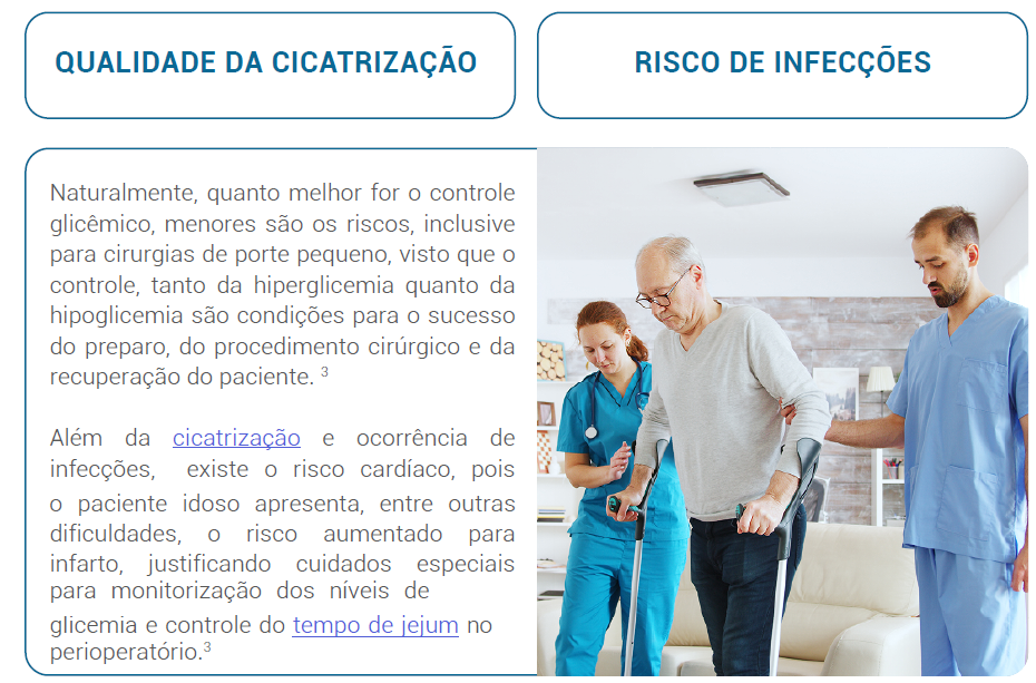 Naturalmente, quanto melhor for o controle glicêmico, menores são os riscos, inclusive para cirurgias de porte pequeno, visto que o controle, tanto da hiperglicemia quanto da hipoglicemia são condições para o sucesso do preparo, do procedimento cirúrgico e da recuperação do paciente. 