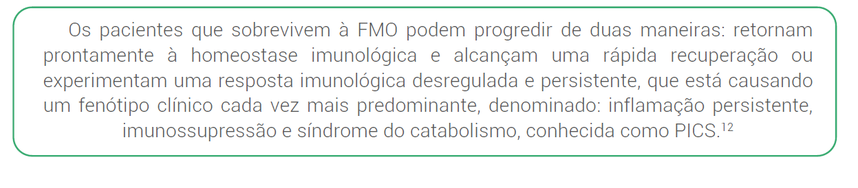 Os pacientes que sobrevivem à FMO podem progredir de duas maneiras: retornam prontamente à homeostase imunológica e alcançam uma rápida recuperação ou experimentam uma resposta imunológica desregulada e persistente, que está causando um fenótipo clínico cada vez mais predominante, denominado: inflamação persistente, imunossupressão e síndrome do catabolismo, conhecida como PICS