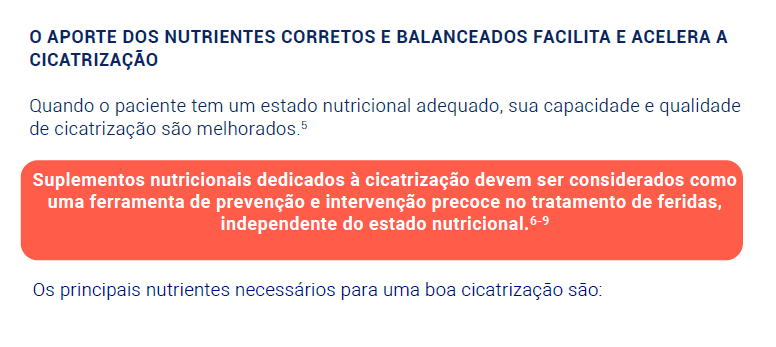 Suplementos nutricionais dedicados à cicatrização devem ser considerados como uma ferramenta de prevenção e intervenção precoce no tratamento de feridas, independente do estado nutricional.