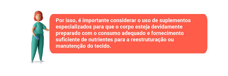 Por isso, é importante considerar o uso de suplementos especializados para que o corpo esteja devidamente preparado com o consumo adequado e fornecimento suficiente de nutrientes para a reestruturação ou manutenção do tecido