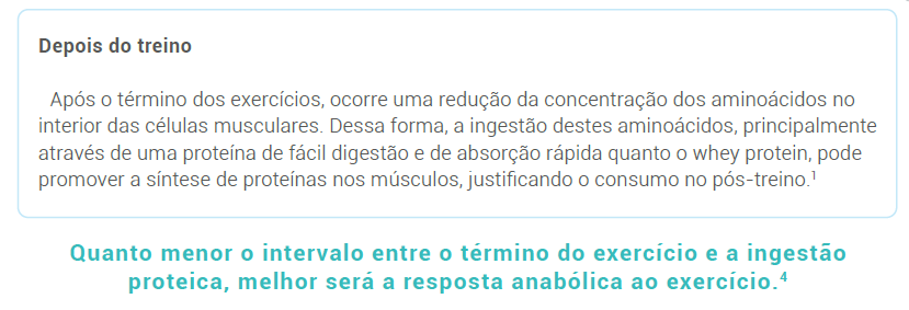 Após o término dos exercícios, ocorre uma redução da concentração dos aminoácidos no interior das células musculares. Dessa forma, a ingestão destes aminoácidos, principalmente através de uma proteína de fácil digestão e de absorção rápida quanto o whey protein, pode promover a síntese de proteínas nos músculos, justificando o consumo no pós-treino.1