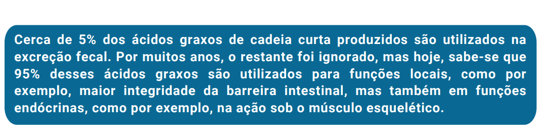 Cerca de 5% dos ácidos graxos de cadeia curta produzidos são utilizados na excreção fecal. Por muitos anos, o restante foi ignorado, mas hoje, sabe-se que 95% desses ácidos graxos são utilizados para funções locais, como por exemplo, maior integridade da barreira intestinal, mas também em funções endócrinas, como por exemplo, na ação sob o músculo esquelético.