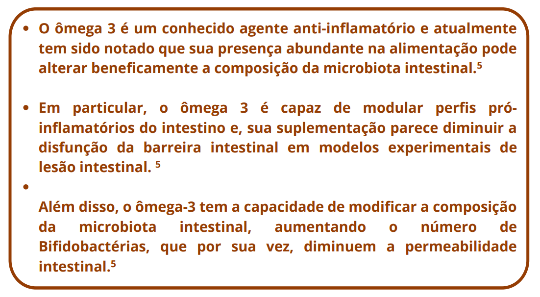 O ômega 3 é um conhecido agente anti-inflamatório e atualmente tem sido notado que sua presença abundante na alimentação pode alterar beneficamente a composição da microbiota intestinal.5