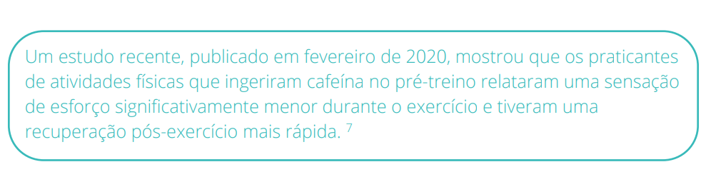 Um estudo recente, publicado em fevereiro de 2020, mostrou que os praticantes de atividades físicas que ingeriram cafeína no pré-treino relataram uma sensação de esforço significativamente menor durante o exercício e tiveram uma recuperação pós-exercício mais rápida. 7 