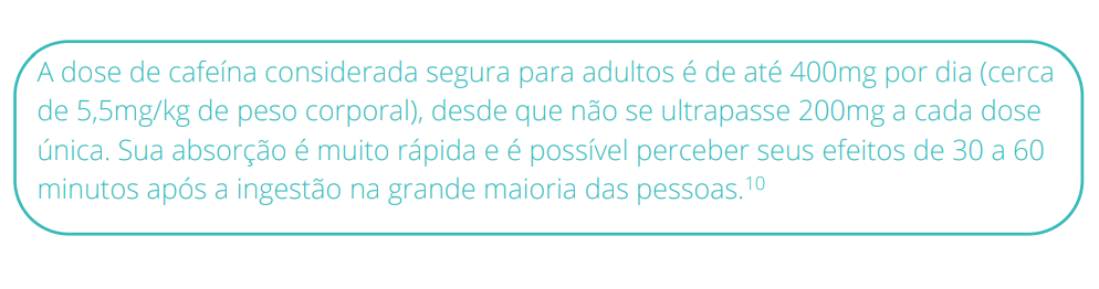 A dose de cafeína considerada segura para adultos é de até 400mg por dia (cerca de 5,5mg/kg de peso corporal), desde que não se ultrapasse 200mg a cada dose única. Sua absorção é muito rápida e é possível perceber seus efeitos de 30 a 60 minutos após a ingestão na grande maioria das pessoas.10