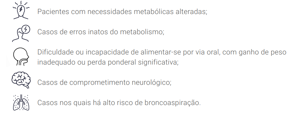 Pacientes com necessidades metabólicas alteradas; Casos de erros inatos do metabolismo; Dificuldade ou incapacidade de alimentar-se por via oral, com ganho de peso inadequado ou perda ponderal significativa; Casos de comprometimento neurológico; Casos nos quais há alto risco de broncoaspiração.