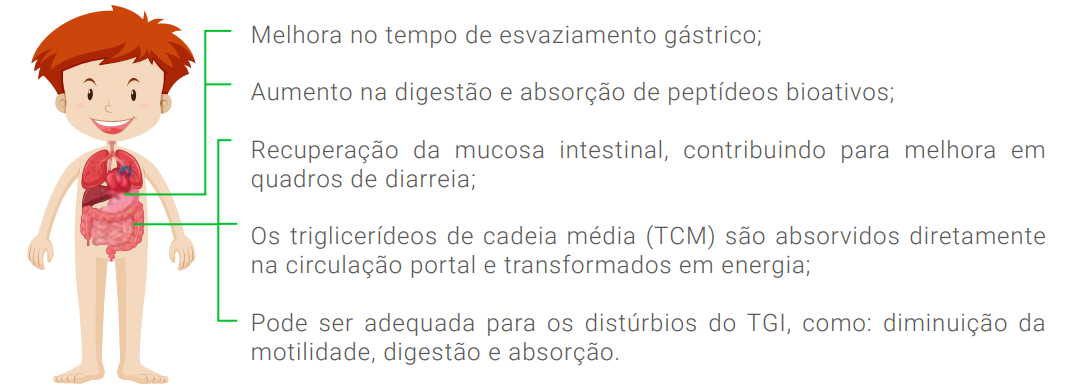 Melhora no tempo de esvaziamento gástrico; Aumento na digestão e absorção de peptídeos bioativos; Recuperação da mucosa intestinal, contribuindo para melhora em quadros de diarreia; Os triglicerídeos de cadeia média (TCM) são absorvidos diretamente na circulação portal e transformados em energia; Pode ser adequada para os distúrbios do TGI, como: diminuição da motilidade, digestão e absorção.