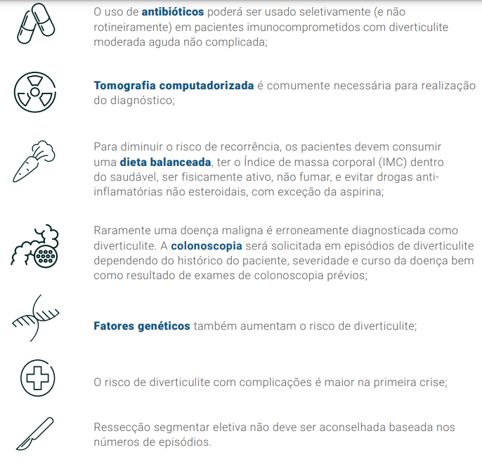 Guidelines  mostrando as recomendações e manejos no controle e tratamento da diverticulite.